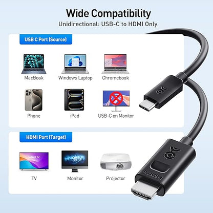 Cable Matters Unidirectional USB C to HDMI 2.1 Cable - 3ft, Support 4K@240Hz and 8K@60Hz, HDR - Thunderbolt 4, Thunderbolt 5, USB 4 Compatible with MacBook Pro, XPS, ThinkPad - Max 4K@60Hz on macOS