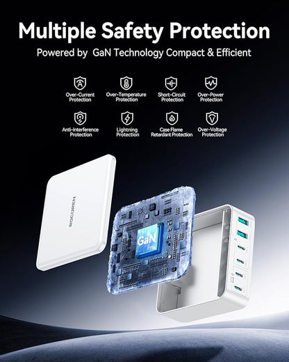 270W USB C Charger Block, Rocoren 6 Port Multi USB-C Charging Station,100W PD Fast USBC Gan Charger Station Hub Dock for Multiple Devices, Laptop Type C for MacBook/iPhone 17/iPad/Galaxy S25 (White)