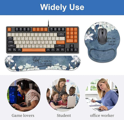 Keyboard Wrist Rest + Mouse Pad Wrist Support Set with Coasters, Non-Slip PU Base Ergonomic Mousepad for Home Office Working Studying Easy Typing & Pain Relief, Quote Bible Verses Psalm 46:5