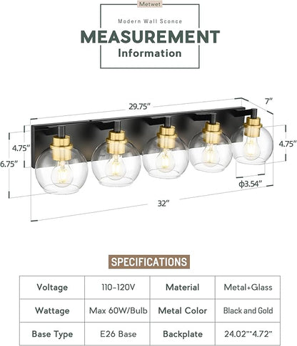 METWET Bathroom Light Fixtures, 5-Light Black and Gold Bathroom Vanity Light, 32 Inch Modern Wall Sconces with Globe Clear Glass Shade, Vanity Lighting Fixtures Over Mirror, VL195-KG-5