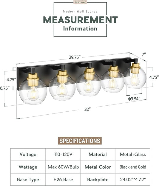 METWET Bathroom Light Fixtures, 5-Light Black and Gold Bathroom Vanity Light, 32 Inch Modern Wall Sconces with Globe Clear Glass Shade, Vanity Lighting Fixtures Over Mirror, VL195-KG-5