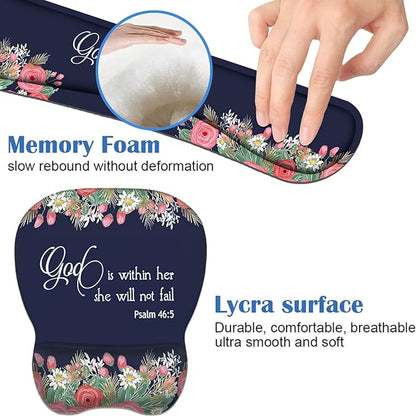 Ergonomic Mouse Pad Wrist Support and Keyboard Wrist Rest Set with Coasters, Non-Slip PU Base, Easy Typing & Pain Relief, Perfect for Home Office Working Studying, Floral Quote Bible Verse Psalm 46:5