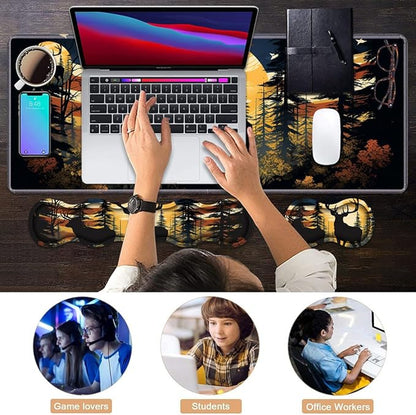 Ergonomic Keyboard Wrist Rest & Mouse Pad Wrist Rest Set, Large XXL Gaming Desk Mat 31.5"x 11.8" with Memory Foam, Easy Typing Pain Relief for Office & Home, American Flag Jungle Deer