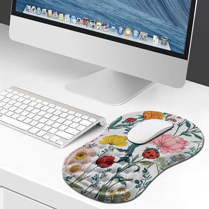 Hokafenle Ergonomic Mouse Pad Wrist Support, Wrist Rest Mousepad for Carpal Tunnel Pain Relief with Integrated Memory Foam Slope Massage Bulge (11.8x7.9 inch,Flowers and Ladybugs