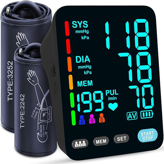 YONLO Blood Pressure Monitor, Automatic Upper Arm Blood Pressure Monitors for Home Use, 2 Blood Pressure Machine Cuff(9-17in & 13-21in) with Large LED Backlit Display, 3x199 Reading Memory Users Black