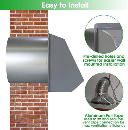 8 Inch Hooded Wall Vent with Screen and Damper, Wall Exhaust Vent Cover Cap for Exterior Ventilation and Outdoor Air Exhaust Kitchen Range Hood Dryer HVAC Duct, Galvanized Steel, Gray
