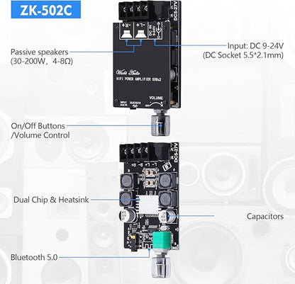 Audio Amplifier Board, ZK-502C Mini Bluetooth Amp Receiver 2.0 Channel 50W x 2, DC 9-24V Stereo Power Amplifier with Bluetooth and AUX Inputs for Home Speakers