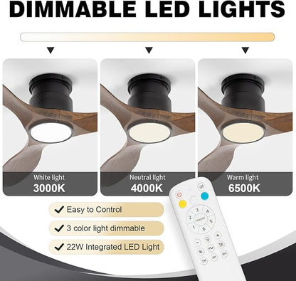 revoici 52'' Ceiling Fan with Lights and Remote, 3 Blade Amber Wood Low Profile Flush Mount Ceiling Fan Indoor, Reversible 6 Speeds Dimmable LED Light Fan for Bedroom Living Room Farmhouse