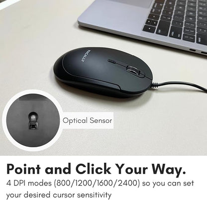 Macally Computer Mouse Wired, Silent USB Mice - Slim & Compact USB for Apple Mac or Windows PC Laptop/Desktop - Designed with Optical Sensor & DPI Switch - Simple - Black