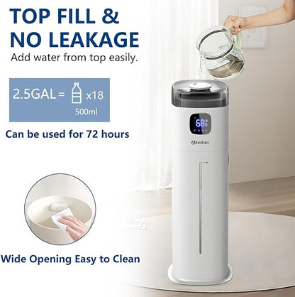 Akeshan Large Humidifier for Bedroom, 9L/2.5Gal Ultrasonic Cool Mist, Easy Clean with 350ML/H Large Mist Speed, Remote control, Quiet Tower, Suitable for Kids Room Plant Yoga