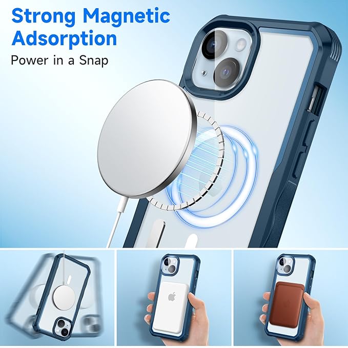 seacosmo for iPhone 15 Case, Full Body Bumper with Built-in 9H Tempered Glass Privacy Screen Protector and Camera Lens Protector, Compatible with MagSafe, Shockproof Phone Cover, 6.1", Blue