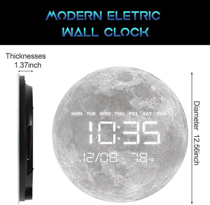 HOMLOVE Digital Wall Clock with Large LED Display, Moon Modern Electric Wall Clock [Plug-in] for All Room, Home, Office, (Moon, 12.59 INCH)