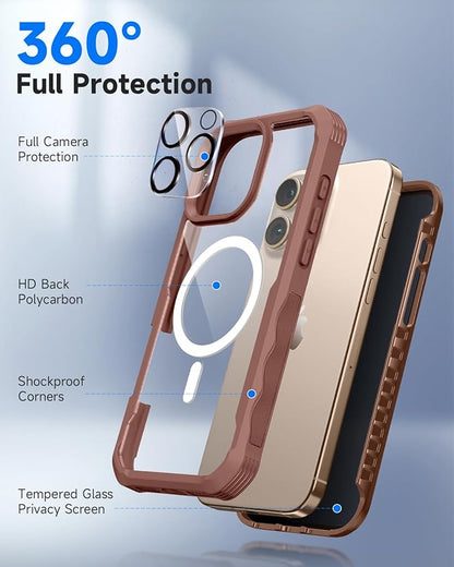 seacosmo for iPhone 16 Pro Max Case, Full Body Bumper with Built-in 9H Tempered Glass Privacy Screen Protector and Camera Lens Protector, Compatible with MagSafe, Shockproof Case, 6.9", Desert Brown