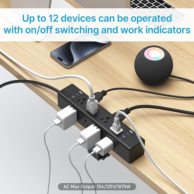 CCCEI Desk Outlet Station 20W USB C Port. 12 Outlet Desktop Clamp Power Strip Surge Protector 4800J with Switch. Nightstand Office Standing Desk Accessories, Fit Thicker Table Edge or Screw Mount, 6FT