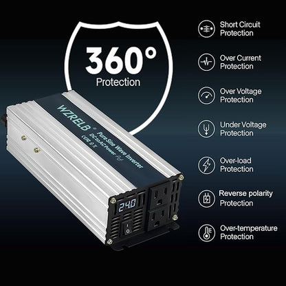 WZRELB 1000W Pure Sine Wave Inverter 24V DC to 110V 120V AC Power Converter with LED Display, Off-Grid Portable Power Inverter with 2 AC Outlets for Home, RV, Truck, Camping