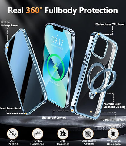 [360° Rotatable CD Stand & Built-in Privacy Screen Magnetic Case for iPhone 13 [Compatible with MagSafe & Full Signal] Mil-Grade Shockproof Full Body Anti-Spy Cover for 13-Sierra Blue