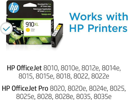 HP 910XL Yellow High-Yield Ink Cartridge | Works with OfficeJet 8010, 8020 Series, OfficeJet Pro 8020, 8030 Series | Eligible for Instant Ink | 3YL63AN
