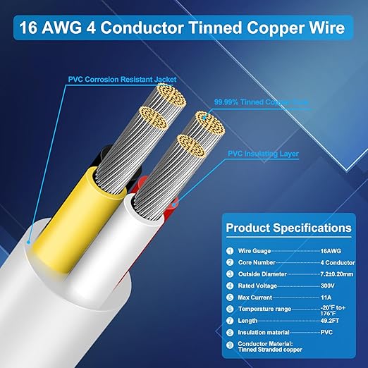 16 Gauge 4 Conductor Electrical Wire, 49.2FT Low Voltage 16/4 Tinned Copper Stranded 4 Wire Cable, 16 AWG White Flexible Extension Power Cord for Sprinkler, Thermostat, Speaker, Irrigation, Automotive