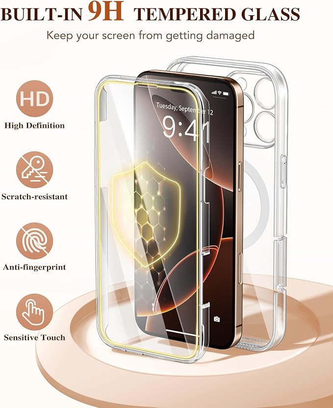 BERFY Magnetic for iPhone 16 Pro Case, Compatible with Magsafe, Built-in 9H Tempered Glass Screen Protector & Upgraded Camera Protection, Full-Body Shockproof Phone Case for 16 Pro 6.3", Clear