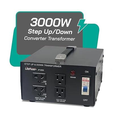LiteFuze 3000 Watt Japan Voltage Converter Transformer Step Up/Down - 100v to 120v / 120v to 100v Japanese Power Converter - Fully Grounded Cord CE Certified