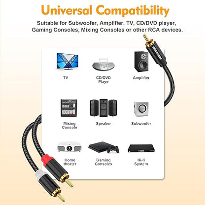 HOSONGIN RCA Y Splitter Cable, 6.6ft, 2 Pack, Gold-Plated, Noise-Free Durable Braided Audio Cable, 1 Male to 2 Male Adapter for Subwoofers, Amplifiers, TVs, Home Theater, Hi-Fi Systems