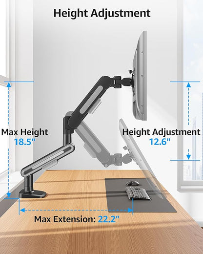 MOUNTUP Single Monitor Desk Mount for 4.4-26.5lbs, Heavy Duty Monitor Arm for 40 39 37 34 32 27inch, Full-Motion Monitors Stand, Height Adjustable Monitors Arm with C-Clamp＆Grommet Base