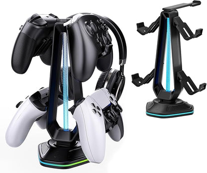 Oritikur RGB Headset Stand with 9 Light Modes and 2 USB Charging Ports - Controller Holder for Desk - Headphone Stand & Detachable Controller Hook for PC Earphone Gaming Room Setup Accessories