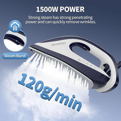 IRONDAY Steam Iron for Clothes,1500W Professional Steam Station,67.62oz Water Tank,Auto Shutoff,Self-Clean,ECO Mode, Iron Steamer with Ceramic Soleplate for Various Fabrics, Lock For Easy Carry