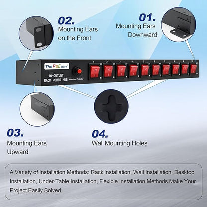 10 Outlets Horizontal 1U PDU Rackmount Power Strip - 10 Individual Led Switches, 100V-250V-1800 Joules, w/ 6 ft Power Cord for Office、Home and Network Server