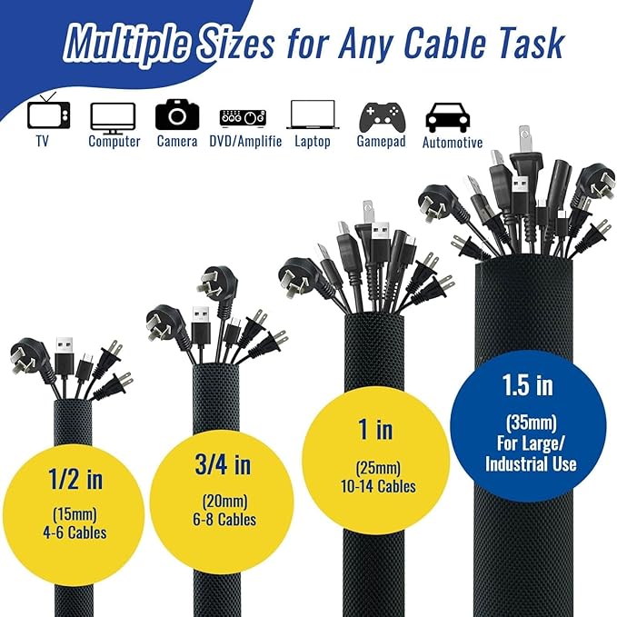 Flauzmann 1/2" - 6.6FT Chew Proof Cat Cord Protector（Hook & Loop Split Sleeve for Pets - Cat/Dog Proof Cable Management Sleeve for Office USB Computer Audio Cables, Flexible Wire Cover - Black