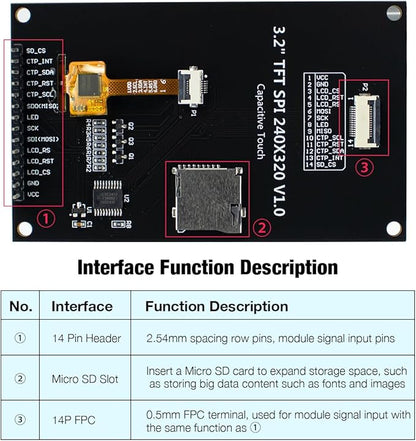 Hosyond 3.2 inch 240x320 IPS Capacitive Touch Screen LCD Module SPI Serial ILI9341V Driver for Arduino R3/Mega2560