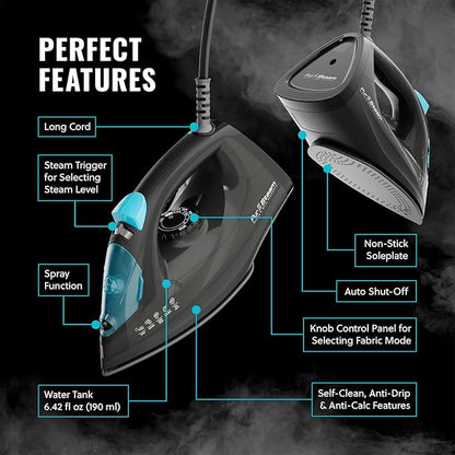 PurSteam Professional 1250W Steam Iron | Powerful Steamer with Burst of Steam & Spray | Non-Stick Soleplate, Easy Temperature Control & Auto Shut-Off