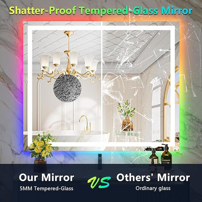 YEELAIT 44x30 Inch RGB LED Bathroom Mirror Front Light and RGB Backlit Lighted Vanity Mirror for Bathroom Wall Mounted Dimmable Anti Fog Memory Shatter-Proof IP54 Waterproof Horizontal/Vertical