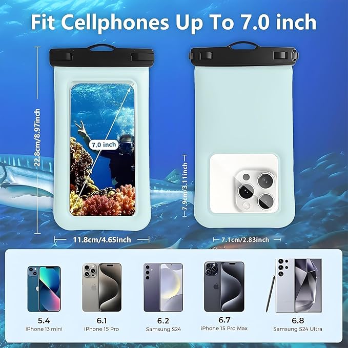 Floatable Soap Bubble Waterproof Phone Pouch/Case with Crossbody Lanyard for iPhone 16 Pro Max/15 Pro/14/13/12, IP68 Cellphone Dry Bag Beach Cruise Ship Essentials, 1 Pack-Blue-7″