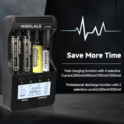 18650 Battery Charger, MIEKLALE 4 Bay Battery Charger with LCD Display Fast Charge for Rechargeable Batteries Li-ion 26650 18650 16340 10440 14500 20700,NI-MH NI-Cd AA AAA