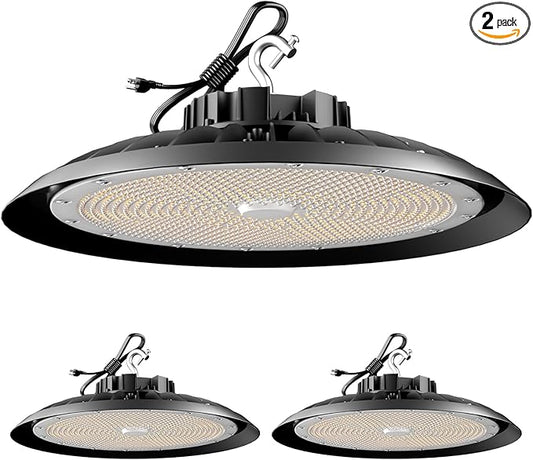 ACOHOOK 2Pack 600W UFO LED High Bay Light 5000K Daylight, 90,000 Lumens Super Bright, 100-277V Wide Voltage, Commercial High Bay Lighting for Warehouse Factory Gym, 3.3' Cable & US Hook, Plug& Play