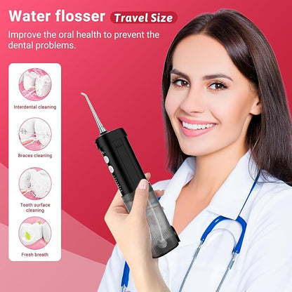 JNGOODS Mini Portable Water Flosser Oral Irrigator Water Teeth Cleaner Pick, Telescopic Water Tank, 4 Modes & IPX7 Waterproof, Home & Travel Water Flossers for Teeth, Braces Bridges Care. (Black)