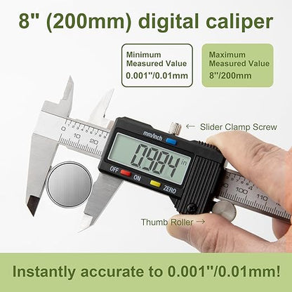 SCITOOLS Digital Caliper 0-8" Measuring Tool with Metal Ruler, Micrometer Caliper with Auto-Off Feature, Interchangeable Between inches and millimeters for DIY/Household and 3D Printing, Black