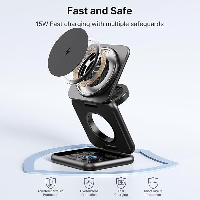 3 in 1 Charging Station for Apple Multiple Devices, Zinc Alloy Foldable Travel Wireless Charging pad for Mag-Safe Wireless Charger Stand for iPhone 16 15 14 13 12 Apple Watch Airpods