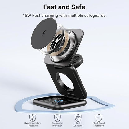 3 in 1 Charging Station for Apple Multiple Devices, Zinc Alloy Foldable Travel Wireless Charging pad for Mag-Safe Wireless Charger Stand for iPhone 16 15 14 13 12 Apple Watch Airpods