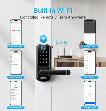 Aceele Keyless Entry Fingerprint Smart Door Lock, Built-in Wi-Fi, Electronic Lock for Front Door with Touch Digital Keypad and Handle, Automatic Door Knob for Apartment/Home/Bedroom(Black)