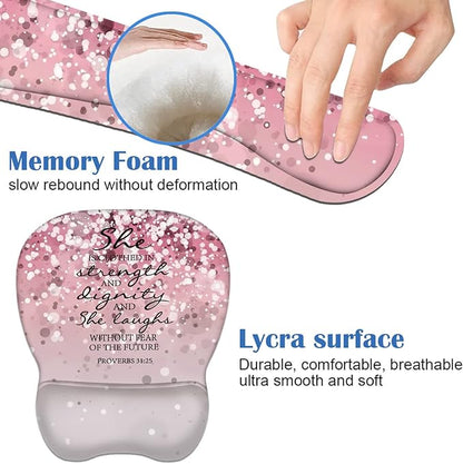 Ergonomic Mouse Pad Wrist Support and Keyboard Wrist Rest Set with Coasters, Non-Slip PU Base, Easy Typing & Pain Relief, Perfect for Home Office Working Studying, Bible Verses Proverbs 31:25