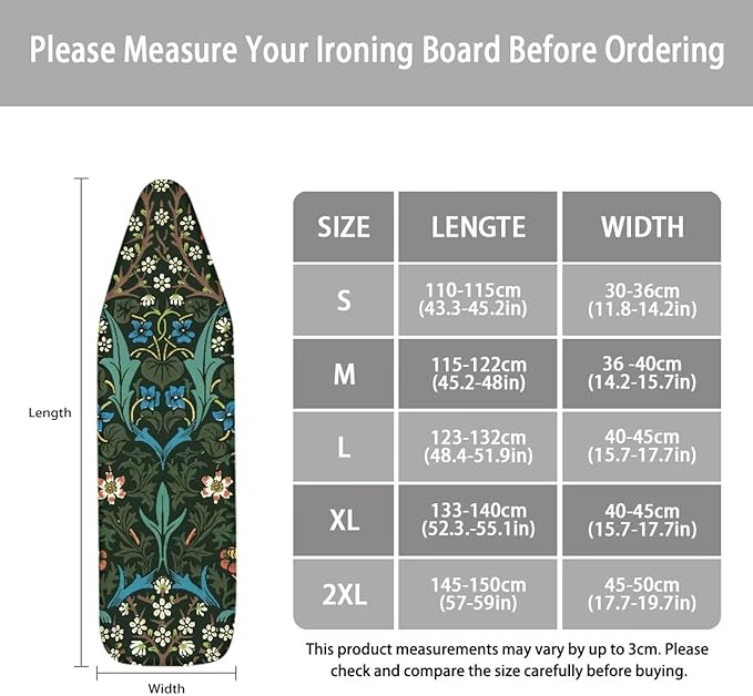 ZCFYGDX William Morris Ironing Board Cover Nylon Buckle Fastening Easy to Install Iron Decor Covers Standard with Elastic Edge Scorch Resistant Protective Covers for Iron Board 15x48 Vintage Print