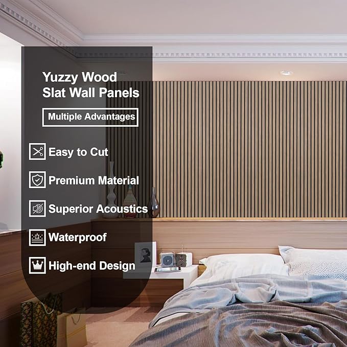 Yuzzy Acoustic Wood Slat Wall Panels - 48" x 22" Dark Walnut Fluted Sound Absorbing Panel for Wall and Ceiling - 4 Pcs Wall Panels for Interior Wall Decor for Homes, Offices, Studios