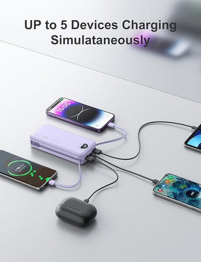 aonidi 20000mAh Ultra-Portable-Charger-Power-Bank PD20W with Built in Cables&AC Wall Plug,Fast Charging Cell Phone Charger Battery Pack,LED Display Travel Battery Bank for All iPhone,Samsung,Android