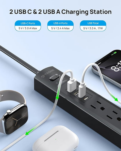 TROND Surge Protector Power Strip with 360° Rotating Flat Plug, 5 Widely Spaced Outlets with 2 USB C and 2 USB A, 1440J Surge Protector, Wall Mountable, Extension Cord 3ft for Home Office Dorm, Black