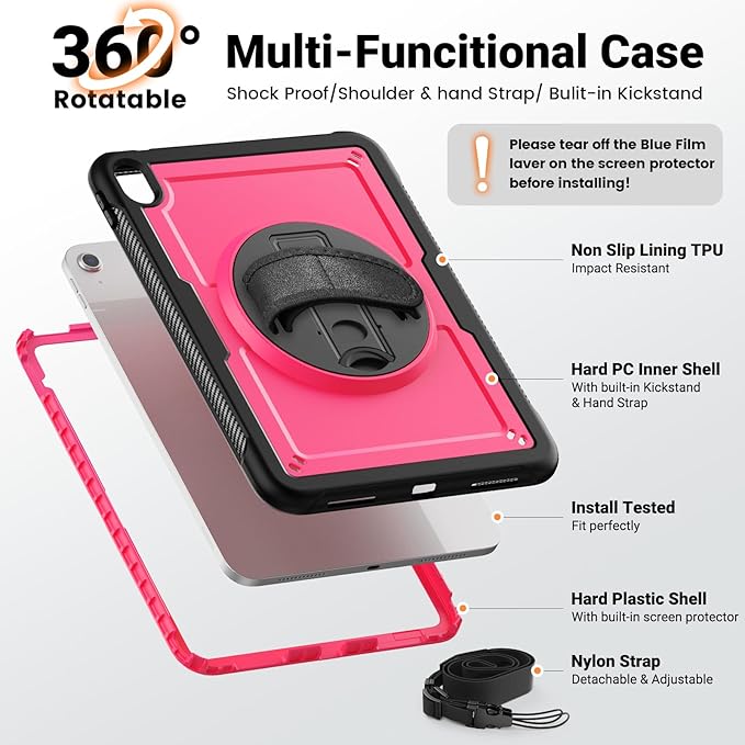 SCSVPN Case for iPad (A16) 11th Generation 11 Inch 2025 / 10th Generation 10.9 Inch 2022, Shockproof Protective Case with Screen Protector, Pencil Holder, Rotating Stand, Hand/Shoulder Strap - Rose