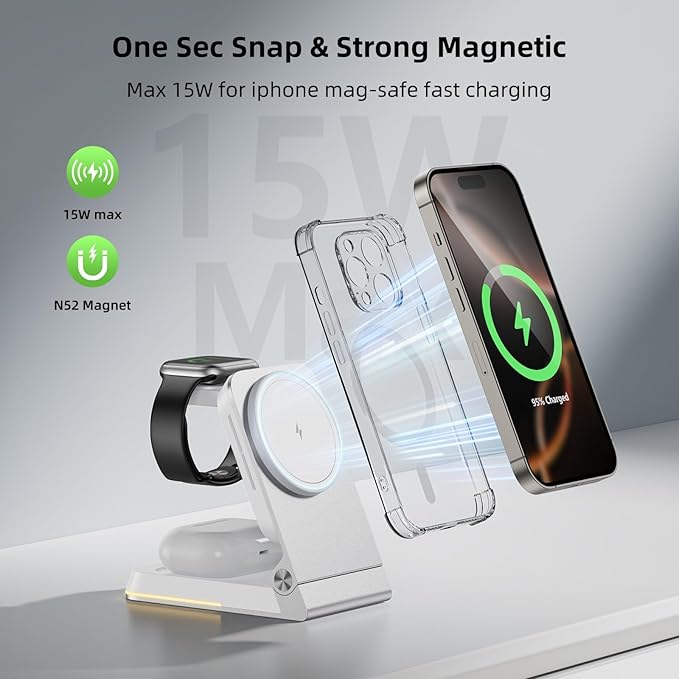 Aluminum 3 in 1 Wireless Charging Station,Foldable Wireless Charger for Apple Magsafe with Light,Portable Travel Magnetic Charger Stand for iPhone 16/15/14,Watch,Airpod, Include PD 20W Adapter & Case