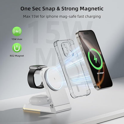 Aluminum 3 in 1 Wireless Charging Station,Foldable Wireless Charger for Apple Magsafe with Light,Portable Travel Magnetic Charger Stand for iPhone 16/15/14,Watch,Airpod, Include PD 20W Adapter & Case