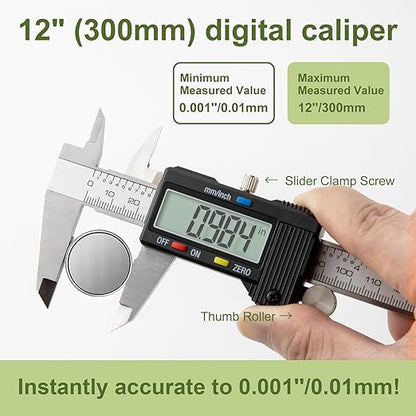 SCITOOLS Digital Caliper 0-12" Measuring Tool with Metal Ruler, Micrometer Caliper with Auto-Off Feature, Interchangeable Between inches and millimeters for DIY/Household and 3D Printing, Black